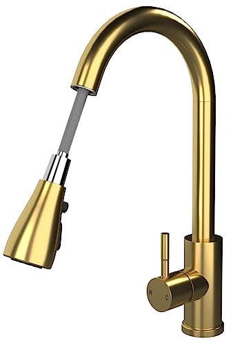 Liquida KPO11BR Single Lever Pull Out Mono Brushed Brass Kitchen Mixer Tap