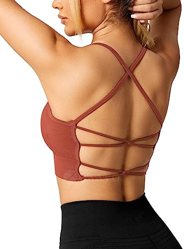 ZAAYO Damen Gym BH Gepolstert Crossback Fitness Sport Bra Abnehmbarer Brustpolster Yoga Tops Gestrickte Nahtlose Sportbekleidung Rust Red Medium