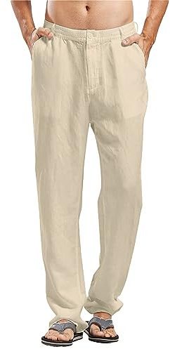 LVCBL Leinenhose Herren Lang Sommerhose Leicht Freizeithose Loose Fit Strandhosen Khaki XL