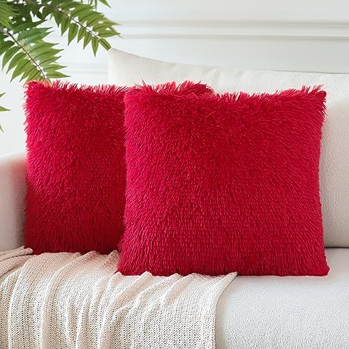 JOTOM 2er Set Kissenbezüge Künstlich Pelz Sofakissen Dekorative Dekokissen Plüschkissen Kuschelig Flauschig Kissenbezug für Sofa 45x45cm Rot