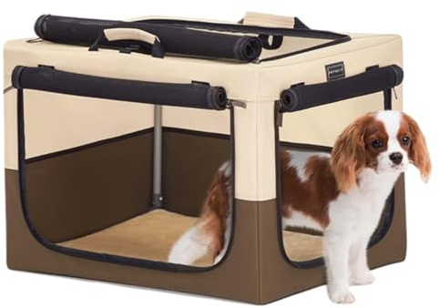 Petsfit Faltbare Hundebox für mittlere Hunde Hundetransportbox tragbares Transportbox Katzenbox Auto Stoff für große mittlere kleine Hunde mit Plüsch-Kissen (M,Kaffee)