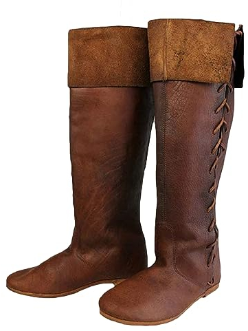 SIULAS Western Knie Stiefel - mittelalterliche Ritter Stiefel - Retro Gothic Piraten Hexe Lederschuhe - PU Leder Ritter Stiefel -,Braun,43