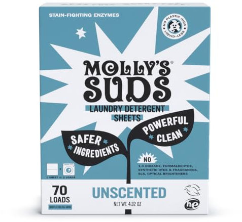 Molly’s Suds Laundry Detergent Sheets | Gentle on Sensitive Skin, Powerful Plant-Based Enzymes, Stain-Fighting | Liquidless & Plastic-Free Packaging | 70 Loads (Unscented)