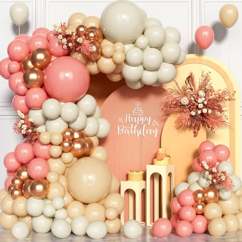 143Pcs Balloon Arch Kit, Apricot Rose Balloon Arch Garland Kit with Rose Gold Balloons, White Nude Pink Balloons for Girls Women Birthday Party Decoration Baby Shower Bridal Shower Wedding Hen Party