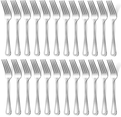 Hunnycook Lot de 24 fourchettes de table en acier inoxydable avec manche perlé, polies miroir et passent au lave-vaisselle, conviennent pour la maison, les restaurants, les fêtes en plein air
