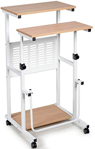 GIANTEX Bureau 2 en 1 réglable en hauteur - Bureau d'ordinateur avec roulettes - Bureau debout - 2 postes de travail séparés - Table de travail pour PC avec repose-pieds - Table inclinable pour