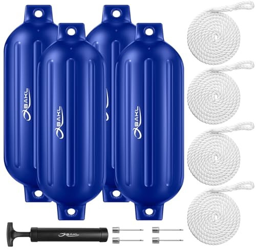 OBAKL Boat Fenders 4 Pack 10 x 30 Inches Ribbed Twin Eyes Boat Fenders Bumpers for Docking, Comes with Ropes and Pump to inflate(Blue)