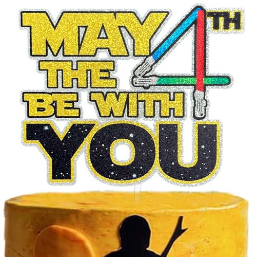 Festus Lightsaber 4th Birthday Cake Topper, May the Fourth Be With You Cake Decor, Force 4th Birthday Anniversary Party Supplies, Galaxy Space War Theme Birthday Cake Topper for Kids Boys