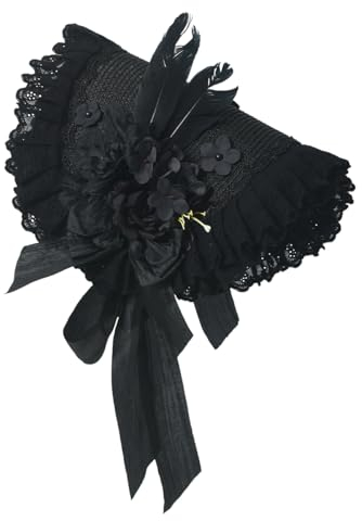 Sombrero victoriano para fiesta de té para niñas y mujeres, sombrero de paja con lazos y flores, Negro -, S-M
