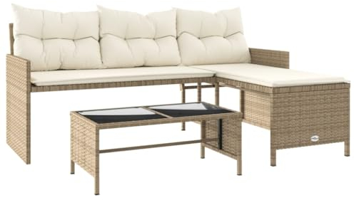vidaXL Gartensofa in L-Form mit Tisch Kissen, Outdoor Sofa Terrassensofa, Garten Sofagarnitur, Gartenmöbel Sitzgruppe, Beige Poly Rattan