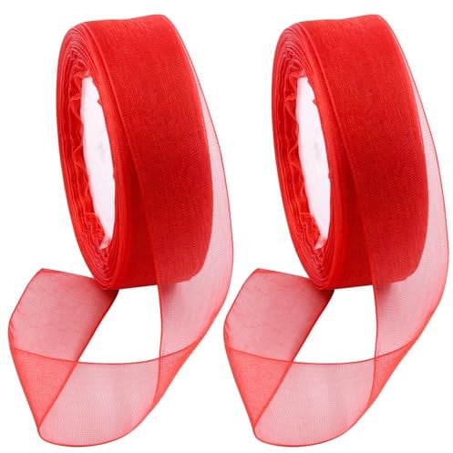 Swpeet Lot de 2 rouleaux de ruban en organza transparent pour bouquets, mariage, décoration d'anniversaire - Rouge vif - 45,2 m x 2,5 cm