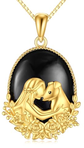 YAFEINI Hundekette Sterling Silber Schwarzer Onyx Halskette Gelbgold Überzogen Schwarzer Opal Filigran Anhänger Halskette Schmuck Geschenke für Damen
