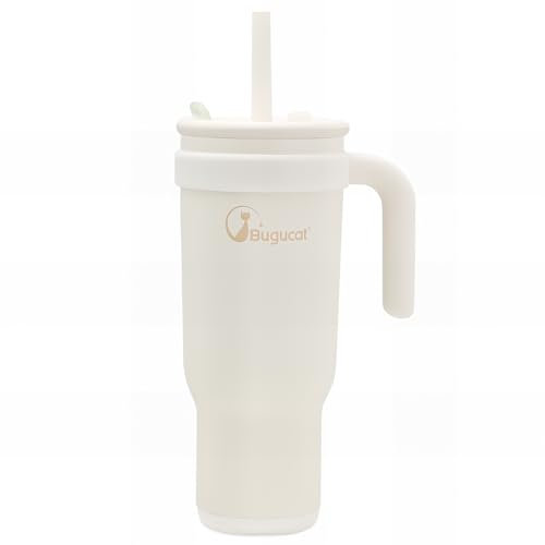 Bugucat Mug Isotherme avec Paille et Anse, 1,2 L, Thermos Café à Double Paroi avec Couvercle, Anti-Fuite, Portable pour Boissons Froides et Chaudes, Blanc