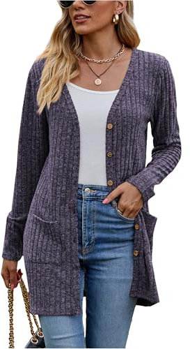 Famulily Damen Open Front Lange Strickjacken mit Taschen für Frauen Cosy Lose Open Front Pullover Mantel (M, Lila)
