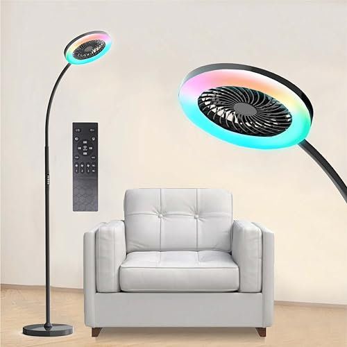 ONIDEK Lámpara de pie con ventilador de luz con ventilador RGB de 18 W/1500 lm LED de piso, ajustable sin escalonamientos de color y regulador de intensidad de 3000 K-6000 K, control remoto y botón