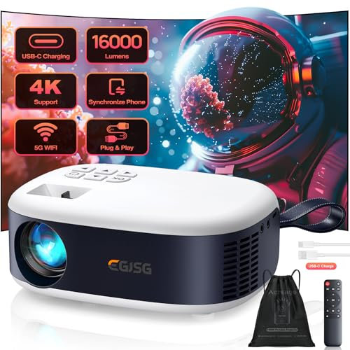 Mini Projector 1080P, Outdoor Projector USB-C Charging, Synchronize Smartphone Screen by WiFi/Wired, 16000Lumens HD Portable Projector with Bluetooth, Movie Projector Wide Compatible (Navy Blue)
