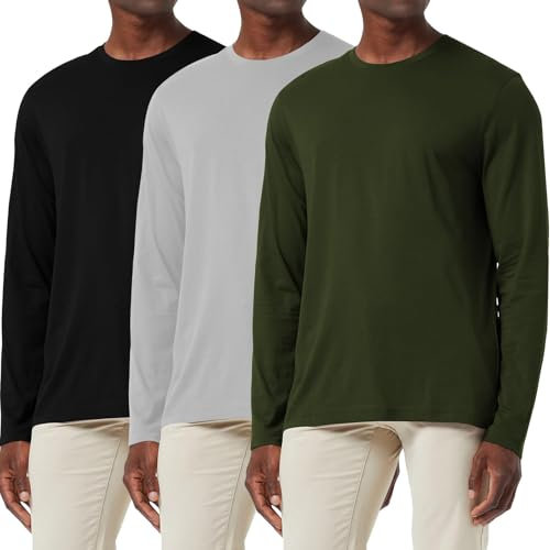 3 Pack Men's Cotton Shirt Loose Fit Long Sleeve T-Shirt Moisture Wicking Crew Neck Shirts Comfort Casual Base Layer Tops Black/Grey/Green-3P02-3XL