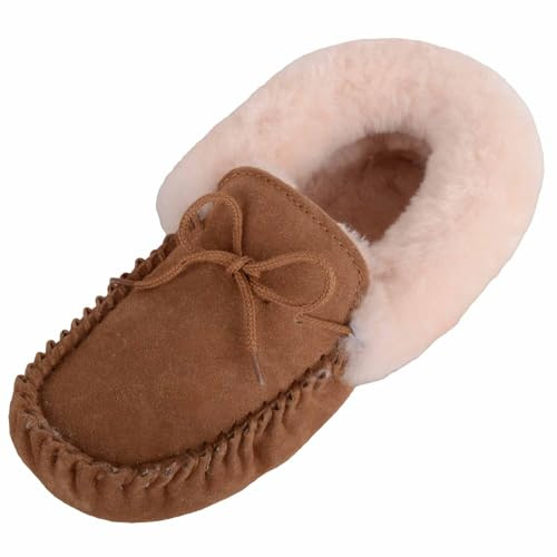 SNUGRUGS Womens Genuine Sheepskin Lined Moccasin Slipper with Soft Sole - Chestnut - UK 4 / EU 37