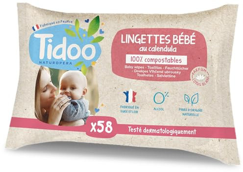 TIDOO- Lingette Bébé à l'Extrait de Calendula Bio et Aloe Vera - Lingettes Nettoyantes Sans Alcool Made in France - Soin Bébé Peaux Normales & Fragiles - 9x58 Lingettes Nettoyantes au Calendula