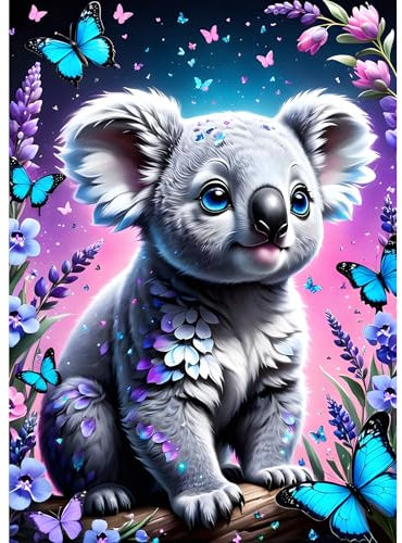 DPHERO DIY Niedlicher Koala Diamant Painting Bilder für Erwachsene Anfänger,5D Blumen Diamond Painting Set,DIY Schmetterling Runde Steine Diamant Kunst Kits, Diamant Art für Zuhause Dekor 30x40 cm
