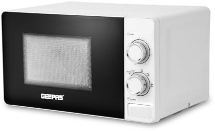 Geepas 700 W Solo Manual Microwave 20L Solo Microwave Oven with 5 Power Levels Reheating Defrost Function & 30 Minute Timer, 2 Rotary Dials, Easy Clean Oven for Standard Size of Dinner Plate, White