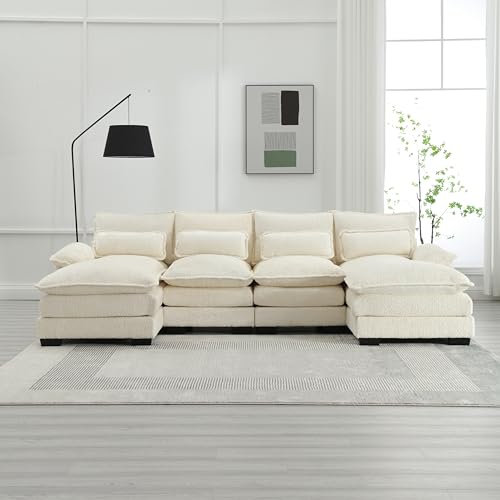 HOXINBLY Sofa mit Schlaffunktion, Big Sofa 4 Sitzer U Form Modernes Design, Polstermöbel Loungesessel mit 4 Lendenkissen, Wohnzimmer Möbel Schlafsofa für Wohnzimmer Wohnung Villa, Beige