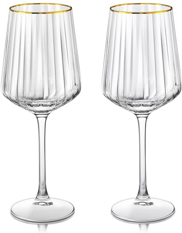 Joeyan 560ml Goldrand Weingläser 2er Set, Kristall Gerippte Rotweingläser | Handgefertigte Gold Rimmed Weißweinglas,Kelche Groß Bauchig mit Stiel,Geschenke für Hochzeitstag Jahrestag Geburtstag Party