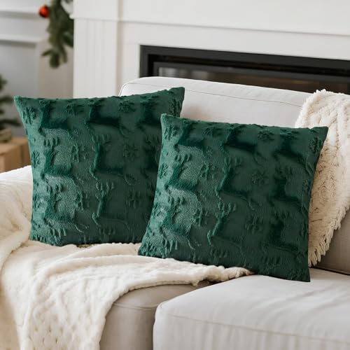 Bindokun 2er Kissenbezug Weihnachten Samt Rentier-Muster 40x40cm Grün | Kissenhülle Weihnachtsdeko,Velours, Rentier-Motiv, für Wohnzimmer, Sofa, Bett, Home Office, Weihnachtliche Dekoration