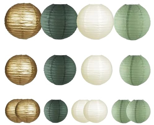 15 Stück Papierlaternen Dekoration, Runde papierlaterne Laternen Salbei Grün und Gold Papier Lampions, für Hochzeit,Taufe,Geburtstag,Kommunion Party Deko Gartenparty Salbeigrün Deko