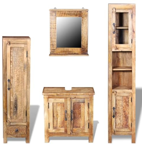 Hoopleep Solid Mango Wood Bathroom Vanity Cabinet Set, 60x30x60cm, with Mirror, Two Storage Side Cabinets, Polished Finish, Freestanding Design for Modern Bathrooms