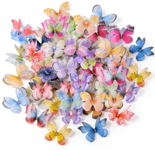ZYEKIU 70 Stücke Schmetterling Deko mit Strasss Doppellagiger Organza Stoff | Schmetterlinge Deko Butterfly 3D Sticker Wanddeko Aufkleber für Wanddekoratio Kleidung Applikationen Haarspangen (Stil B)