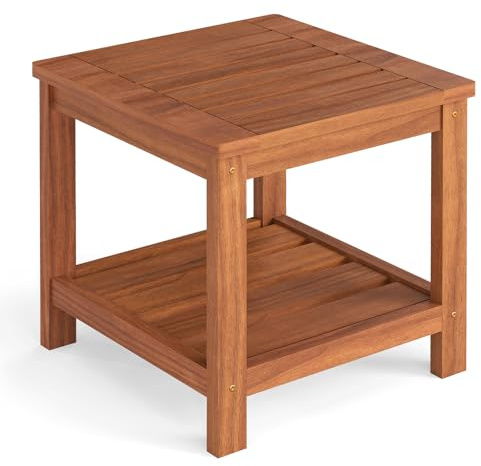COSTWAY Mesa Auxiliar Madera Acacia, 45x45x44 cm, Mesa Terraza Exterior de 2 Niveles, Cuadrada Baja Jardin Balcon Exterior Interior Piscina Patio, Natural (44cm)