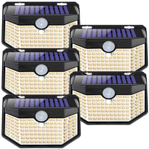 Aootek Solarlampen für Außen mit Bewegungsmelder, 5er Set, Garten, 120 LED | Sehr Breiter Ausleuchtungswinkel, IP65 Wasserdicht, Solar Wandleuchte, Gartenbeleuchtung, Schwarzer Rahmen, Warmweiß