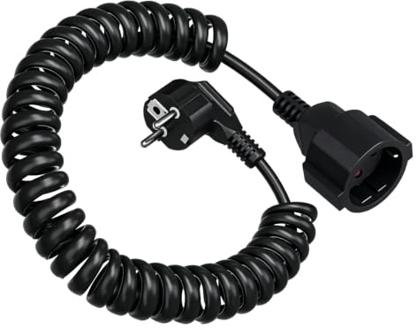 Prolunga Elettrica a Spirale 2m, Cavo Prolunga Estensibile da 0,7m a 2m con 12 Clip, Prolunga Rigida Schuko PU IP20 230V/16 A – Nero