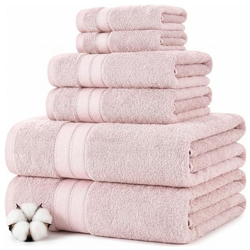 Modern Threads Spun Loft 6 Piece Bath Towel Set – 2 Bath Towels, 2 Hand Towels & 2 Washcloths – 100% Cotton, 600 GSM, Plush, Soft & Absorbent (Blush)