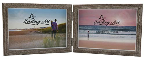 Smiling Art Bilderrahmen für 2 Fotos aus Holz, klappbarer Bilderrahmen, Doppelrahmen (Grau, Querformat, 2x13x18 cm)