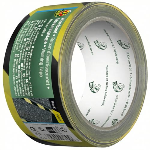 DUCK Warnband Schwarz/Gelb selbstklebend, PVC, 60mm x 66m | Sicherheitsband, Bodenmarkierung, Warnklebeband, Markierungsband, Absperrband, Baustellenband