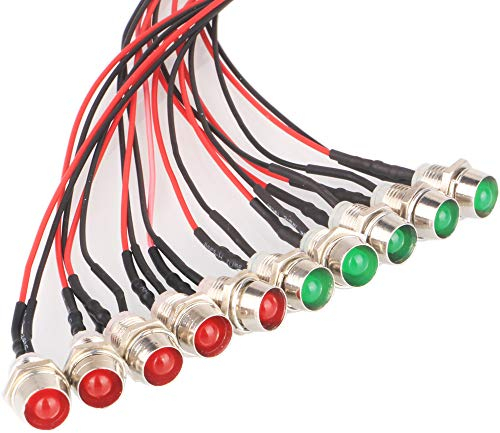 GTIWUNG 10 Stück 8mm Leds mit 20cm Kabel, DC 12V Vorverdrahtetes Licht, Vorverdrahtete LED-Dioden Licht (Rot, GRÜN Jeder5Pcs) + 10Pcs 8mm LED Montageringe Plastik