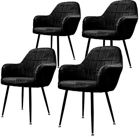 ECD Germany 4er Set Esszimmerstühle mit Rücken- und Armlehnen, Schwarz, Küchenstühle mit Samtbezug, Polsterstühle mit Metallbeinen, Ergonomische Stühle für Esstisch, Wohnzimmerstühle Esszimmerstuhl