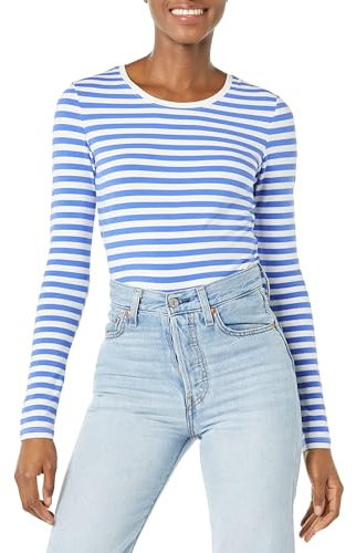 Amazon Essentials Camiseta de Cuello Redondo y Manga Larga de Corte Estándar (Disponible en Tallas Grandes) Mujer, Azul Blanco Rayas, S