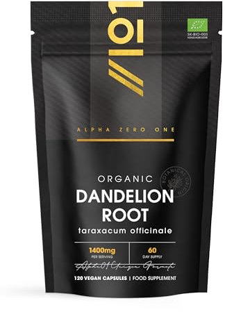 Organic Dandelion Root 1400mg – 120 Vegan Capsules – High Strength Taraxacum Officinale (2 Months Supply) – Resealable and Recyclable Pouch – by Alpha01