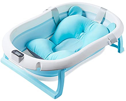 SONARIN Bañera de Bebé Plegable con Sensor de Temperatura,Tina para Bebe,Bañera de Ducha Portátil Antideslizante con Cojín para Recién Nacidos Niños,Drenaje Rápido(Azul)