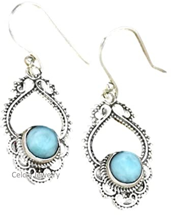 Massive 925er Sterlingsilber-Ohrringe für Frauen, natürliche Larimar-Runde-Edelstein-Statement-Ohrringe, einzigartige handgefertigte Ohrringe