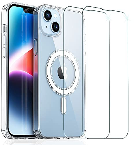 TECHGEAR iPhone 14 Magnetic Case [Fusion HD] + 2 Pack Glass Screen Protector, Shockproof, Anti-Scratch, Hybrid Drop Protection, Gel Bumper & Clear Hard Back Compatible with MagSafe Case for iPhone 14