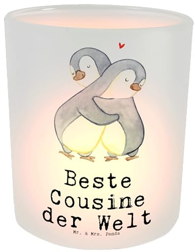 Mr. & Mrs. Panda Windlicht Cousine - Geschenk, Familie, Kusine, Mitbringsel, Teelichthalter, Windlicht Design, Windlicht Kerzenhalter, Windlicht