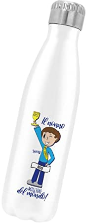 Borraccia Termica Bottiglia Termica Acciaio Inox 500ml Bottiglia Termica Made in Italy Ecologica Thermos 24 Ore Freddo & 12 h Caldo - Personalizzata con nome - Nonno Migliore del Mondo