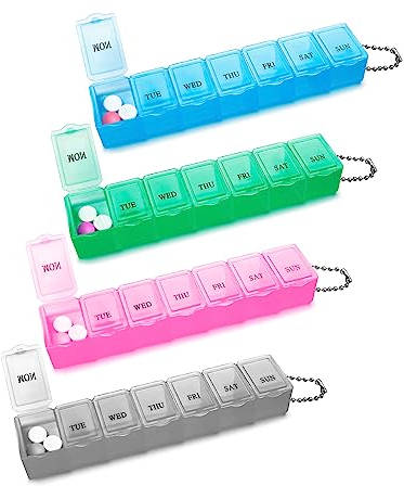 4 STK Pillenbox,Tablettenbox 7 Tage,Pillendose 7 Fächer Leicht Zu Öffnen Medikamentendosierer Handlicher und Feuchtigkeitsbeständiger Medikamenten-Box für Medikamente,Nahrungsergänzungsmittel,Vitamine