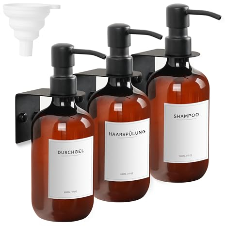 Winter Shore Distributeur Savon Mural [Lot de 3] - Distributeur Shampoing et Gel Douche Ambrés de 500 ML avec Pompe - Distributeur Savon Salle de Bain avec Étiquettes Étanches & Matériel de Montage