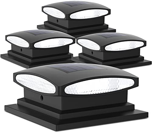Siedinlar Solar Post Cap Lights Outdoor, 2 Modes 24 LED Solar Powered Fence Deck Light for 4x4 5x5 6x6 Posts Garden Patio Decoration Warm White & Cool White, Black (4 Pack)