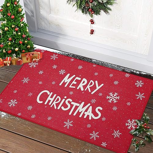 CAROMIO Weihnachts Fußmatte Haustürmatte Außen Gedruckter Fußabtreter Fußmatte rutschfest Waschbar Badematte Gummi Rückseite Weihnachten Wohnzimmer Dekoration Weiße “Merry Christmas” 40 x 60 cm